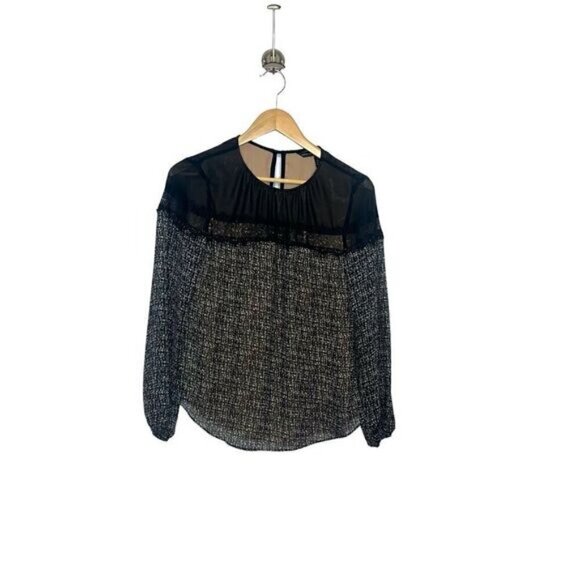 White House Black Market Women’s 0 Blouse Black White Long Sleeve Keyhole Back - Picture 1 of 11